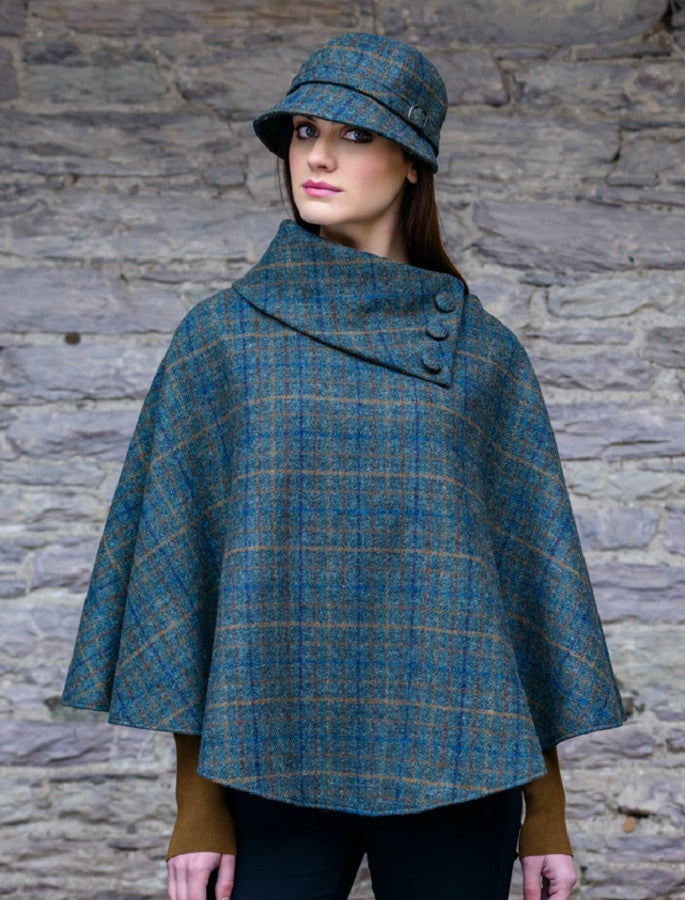 Mucros Tweed Poncho - Teal & Brown Plaid