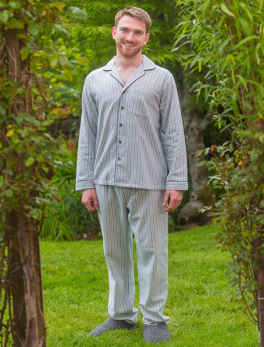Men's Irish Flannel Lounge Pyjamas Blue Stripe Weavers Of