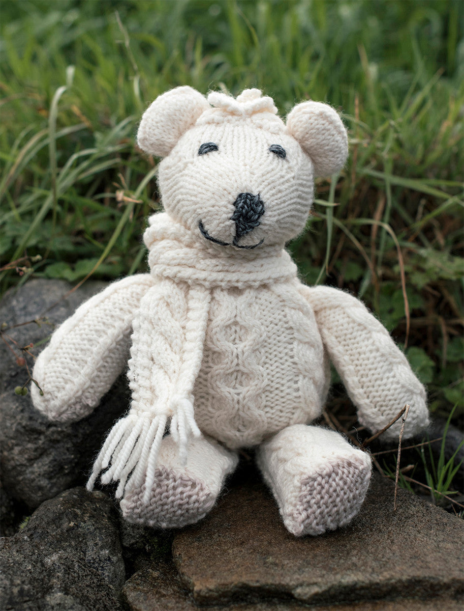 Aran Wool Teddy Bear with Scarf - White