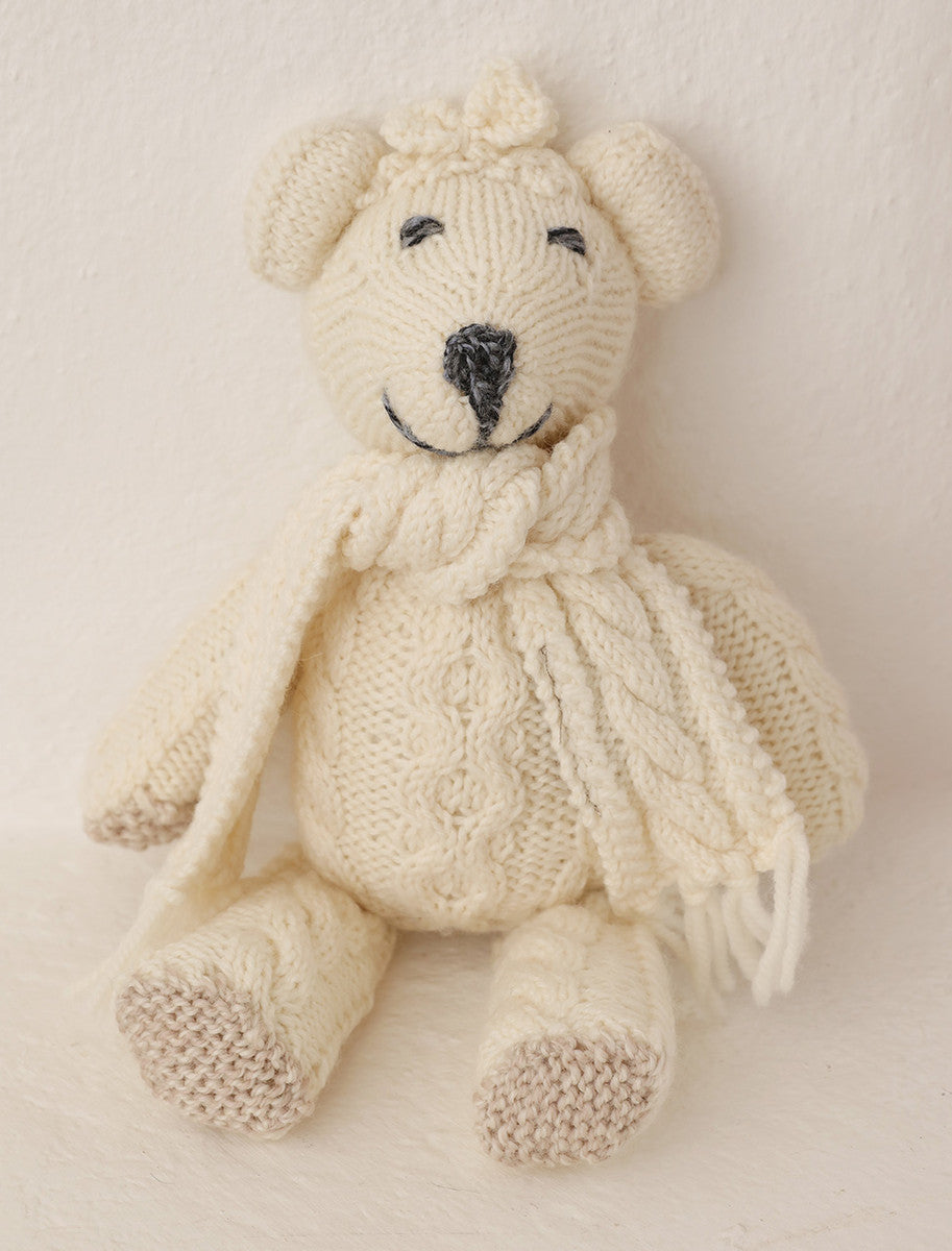 Aran Wool Teddy Bear with Scarf - White