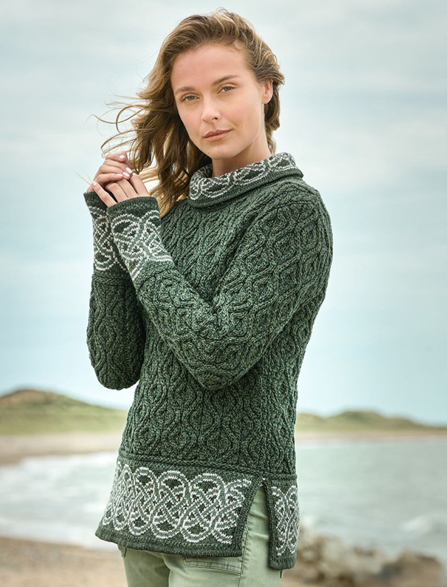 Ladies Celtic Jacquard Aran Sweater - Green