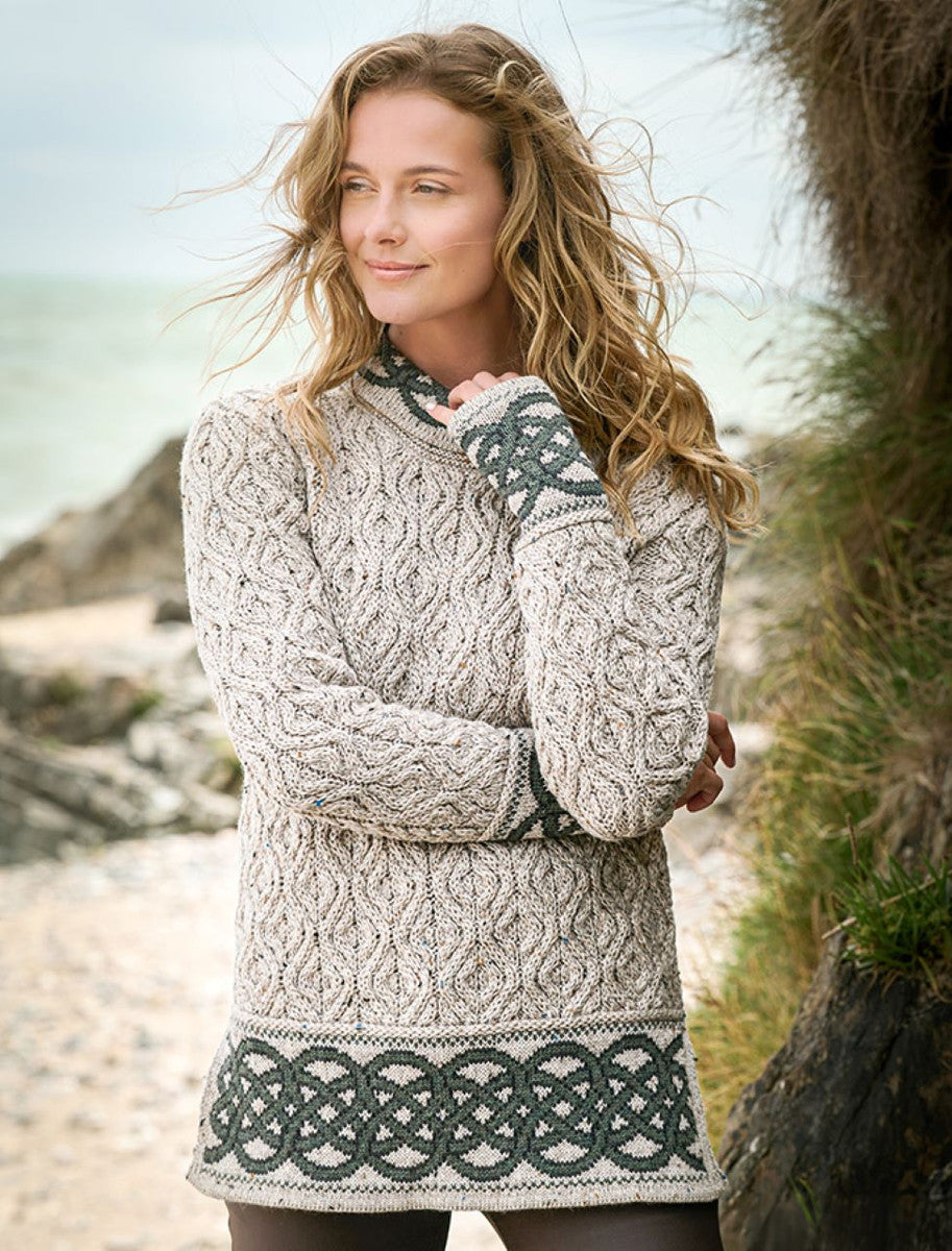 Ladies Celtic Jacquard Aran Sweater - Natural