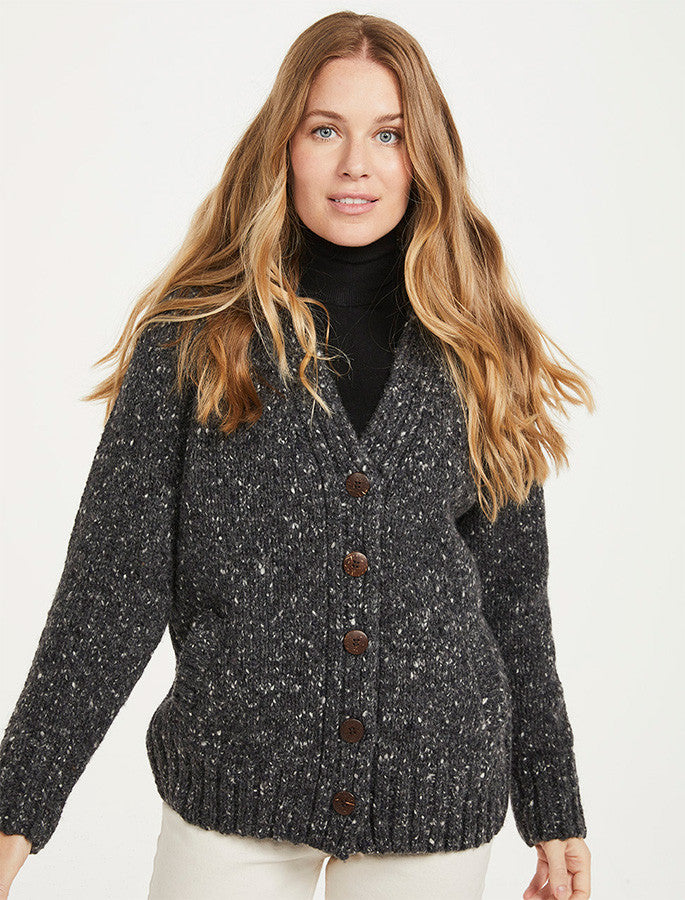 Ladies V-Neck Donegal Wool Cardigan - Charcoal