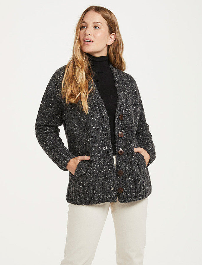 Ladies V-Neck Donegal Wool Cardigan - Charcoal