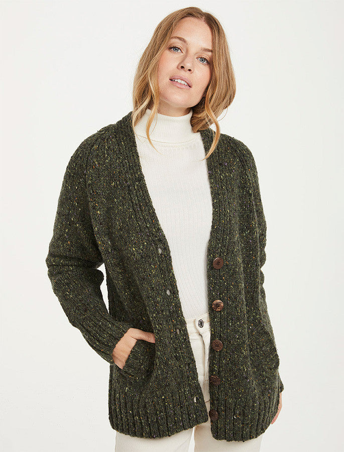 Ladies V-Neck Donegal Wool Cardigan - Green
