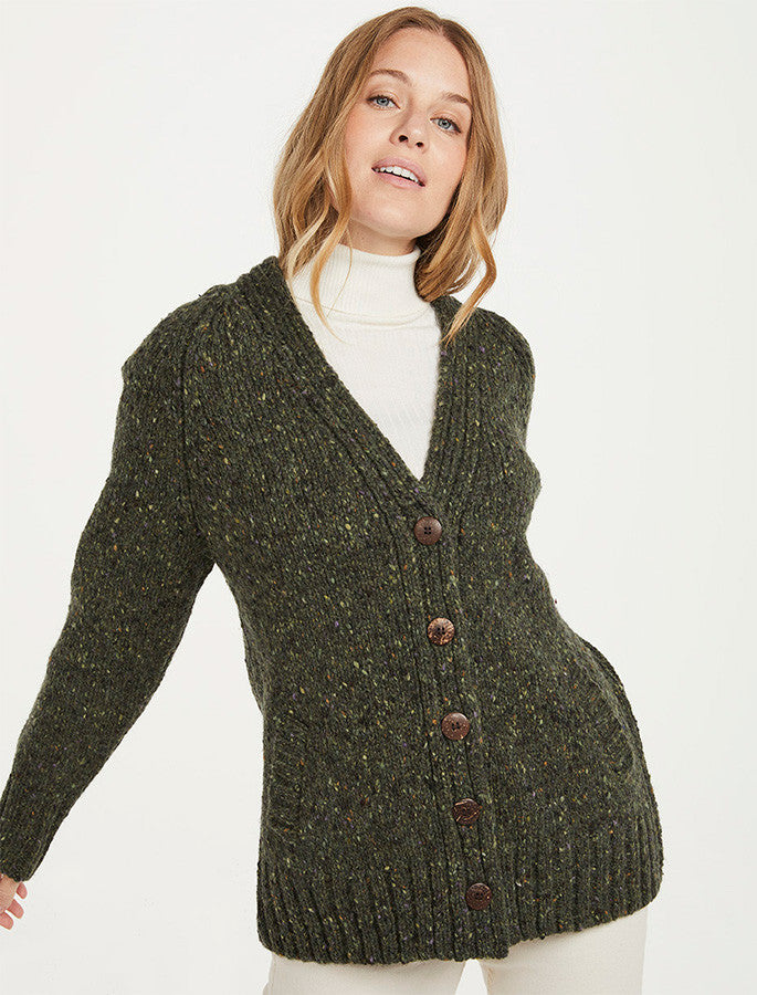 Ladies V-Neck Donegal Wool Cardigan - Green