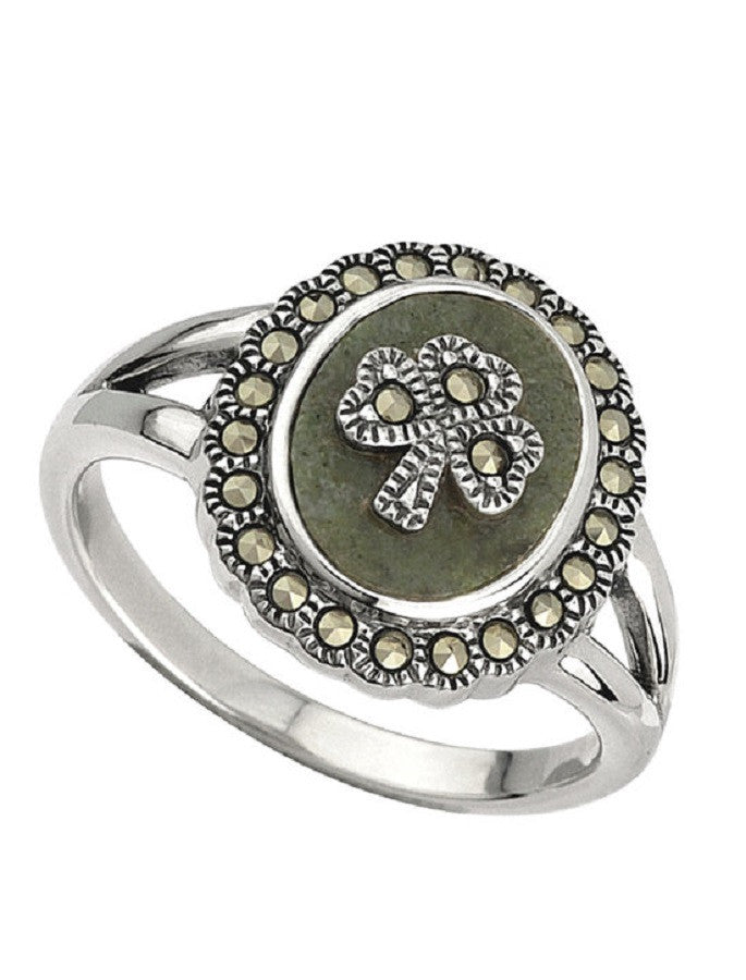 Marcasite Shamrock Connemara Marble Ring