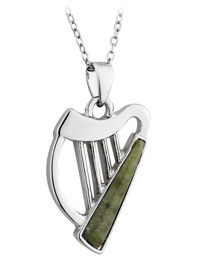 Silver Plated Connemara Marble Harp Pendant