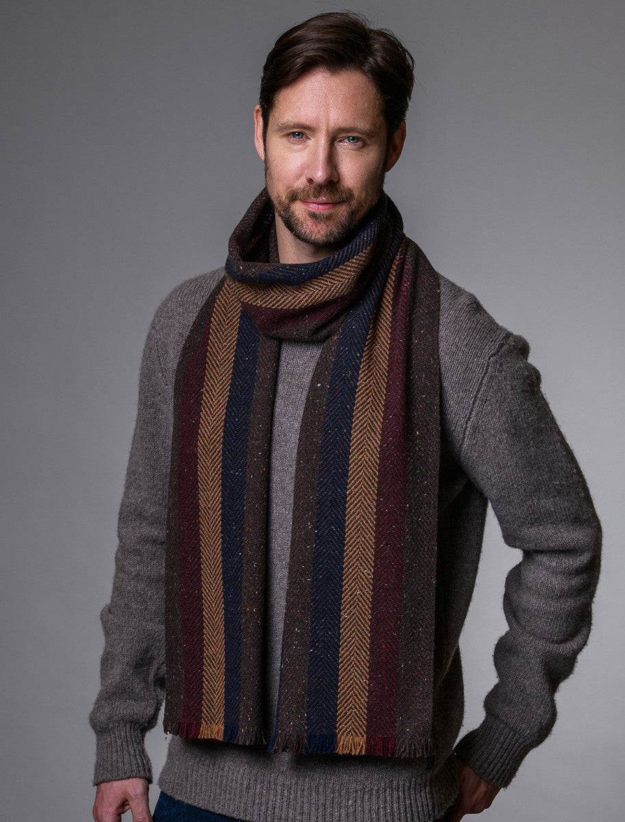 Soft Donegal Wool Scarf - Beige Wine & Navy