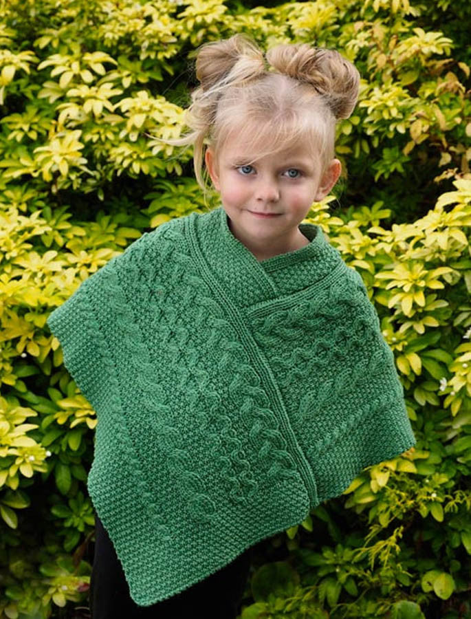 Kids Cable Knit Aran Poncho - Green Marl