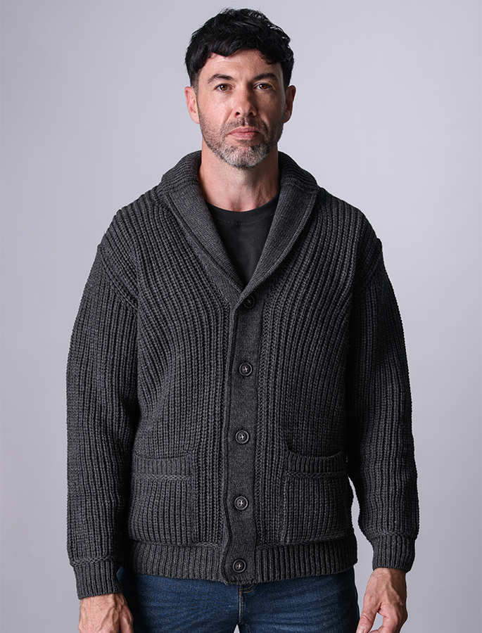 Merino Wool Ribbed Shawl Neck Cardigan - Charcoal