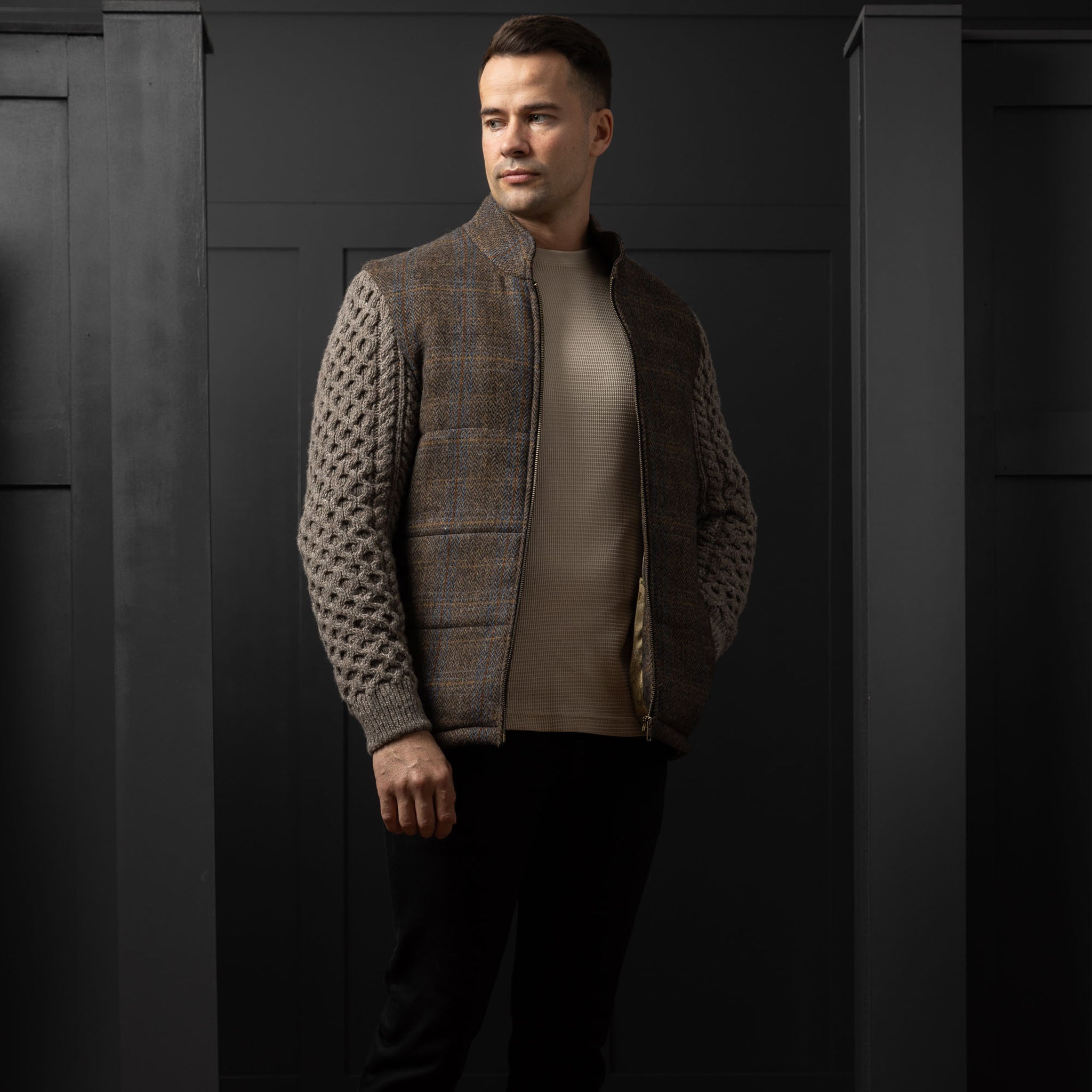 Shackleton Horse Brown Tweed Jacket With Cable Knit Sleeve