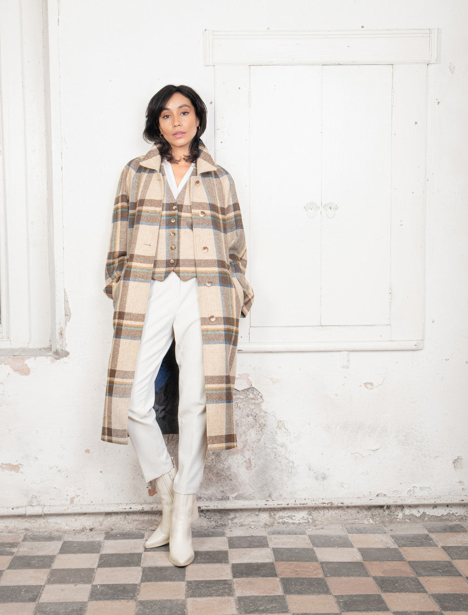 Shauna Long Tweed Coat - Cream Block Check