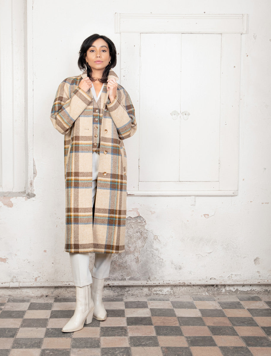 Shauna Long Tweed Coat - Cream Block Check