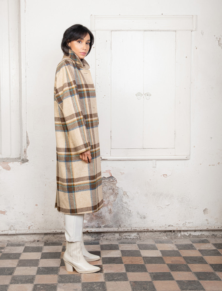 Shauna Long Tweed Coat - Cream Block Check