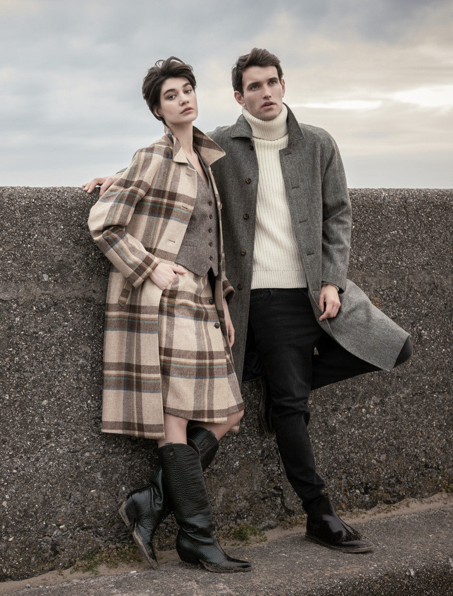 Shauna Long Tweed Coat - Cream Block Check