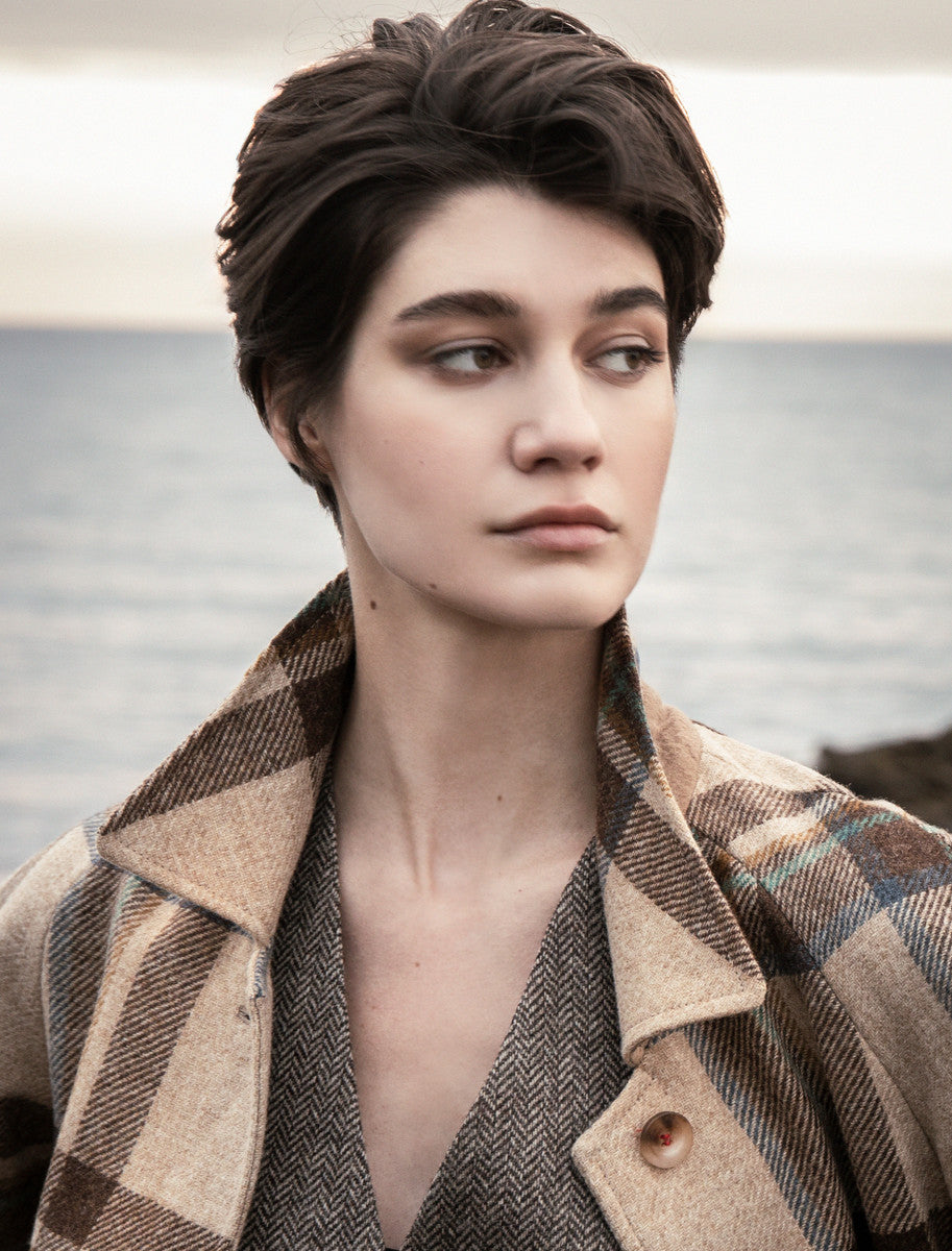 Shauna Long Tweed Coat - Cream Block Check