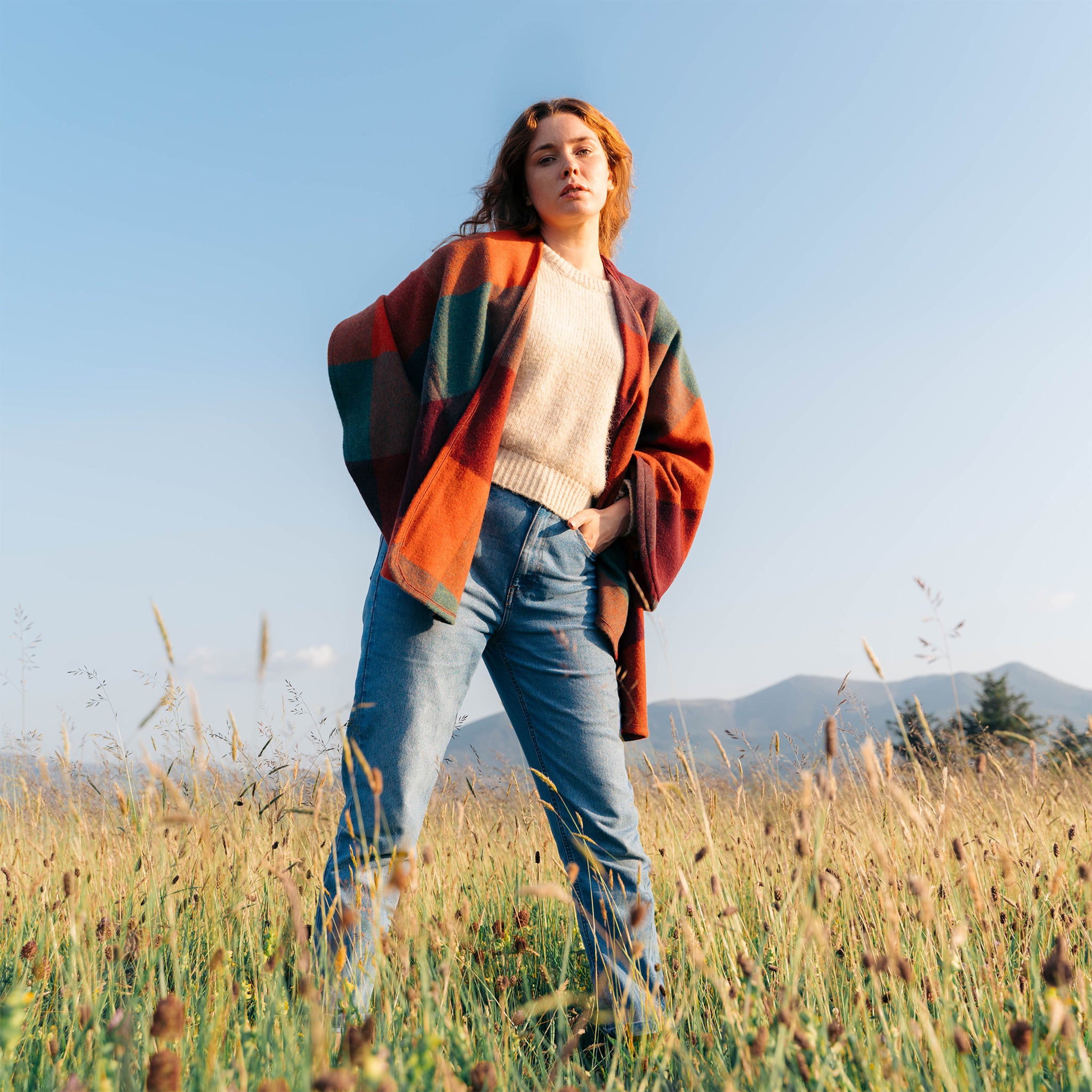 Sue Cape - Orange , Teal & Brown