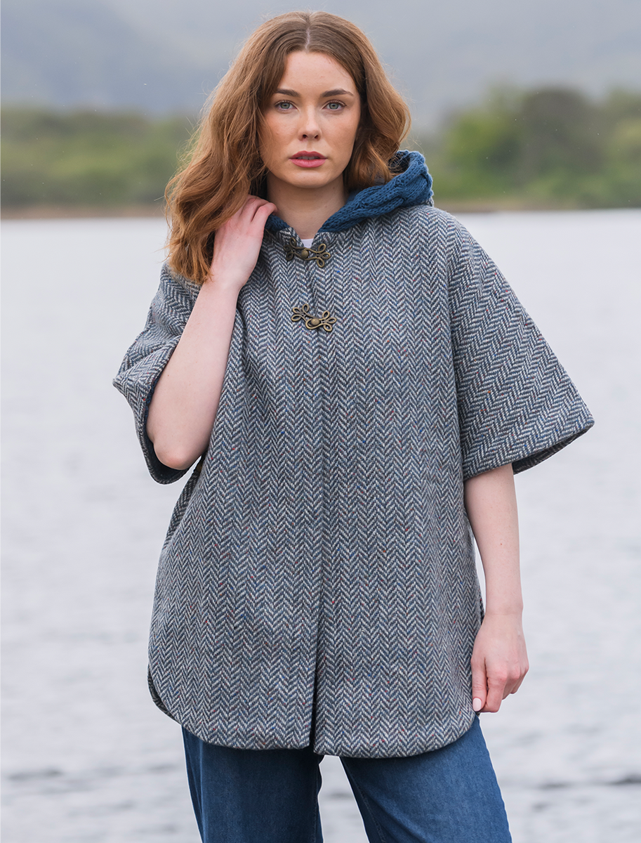 Donegal Tweed Cape with Aran Collar - Mallard
