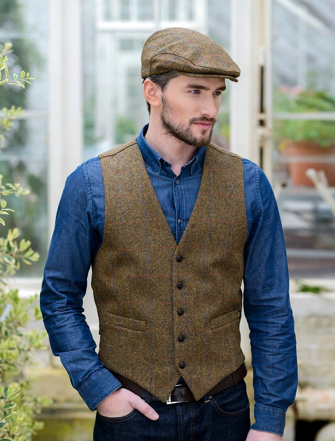Irish Tweed Herringbone Waistcoat - Brown & Blue/Red Check