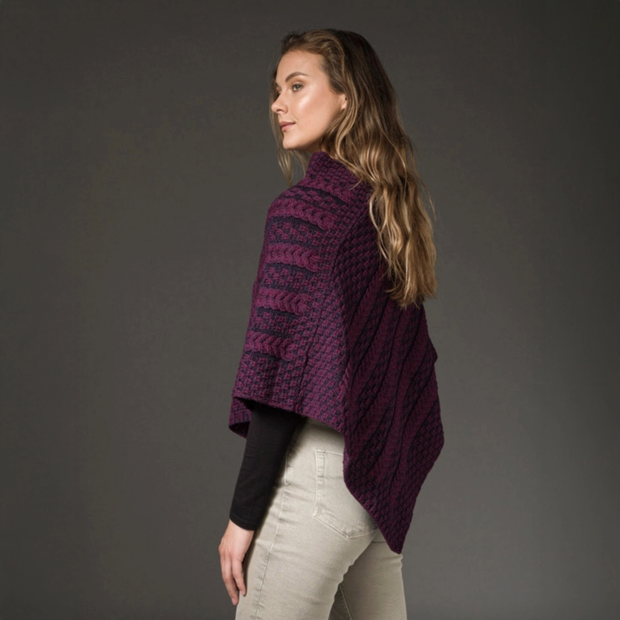 Plated Aran Poncho with Button Detail - Navy Berry