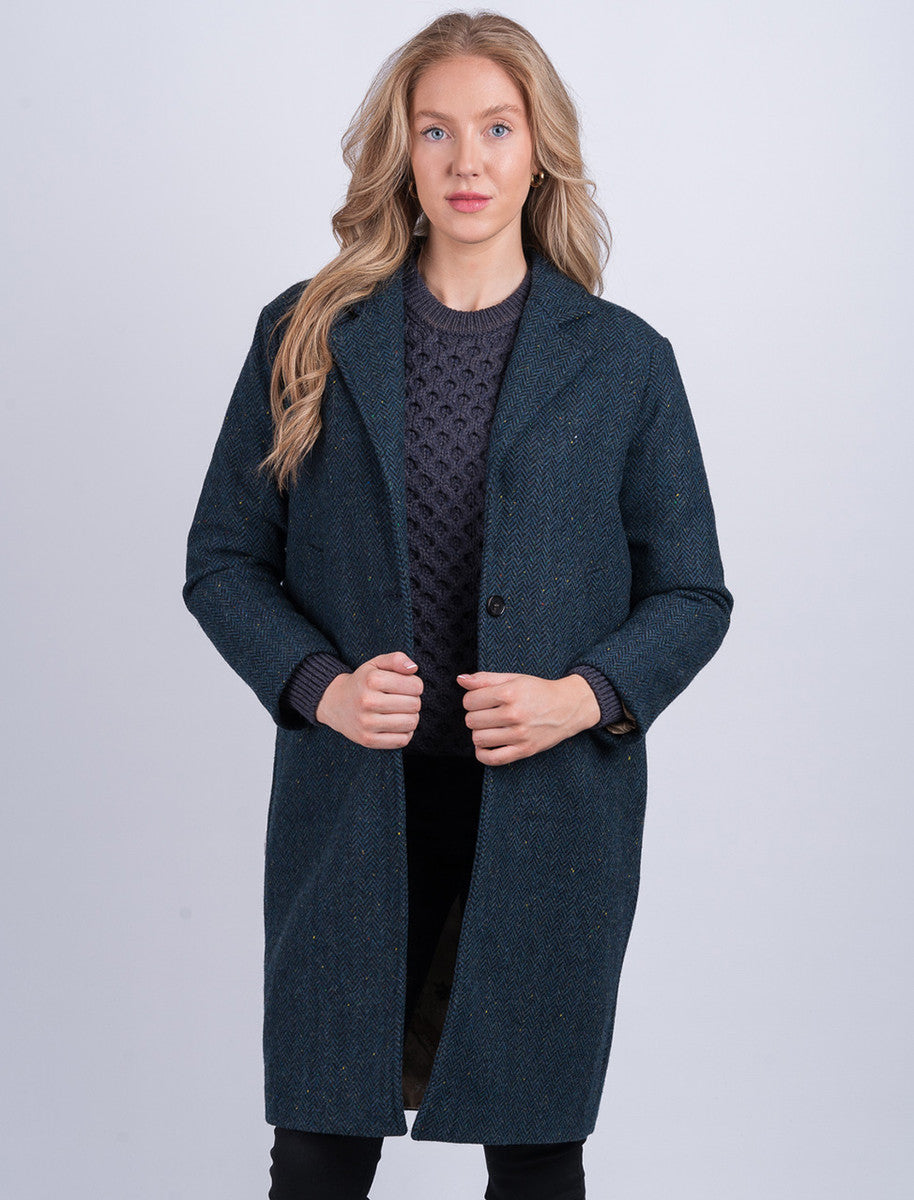 Ladies Irish Tweed City Coat - Blue Herringbone