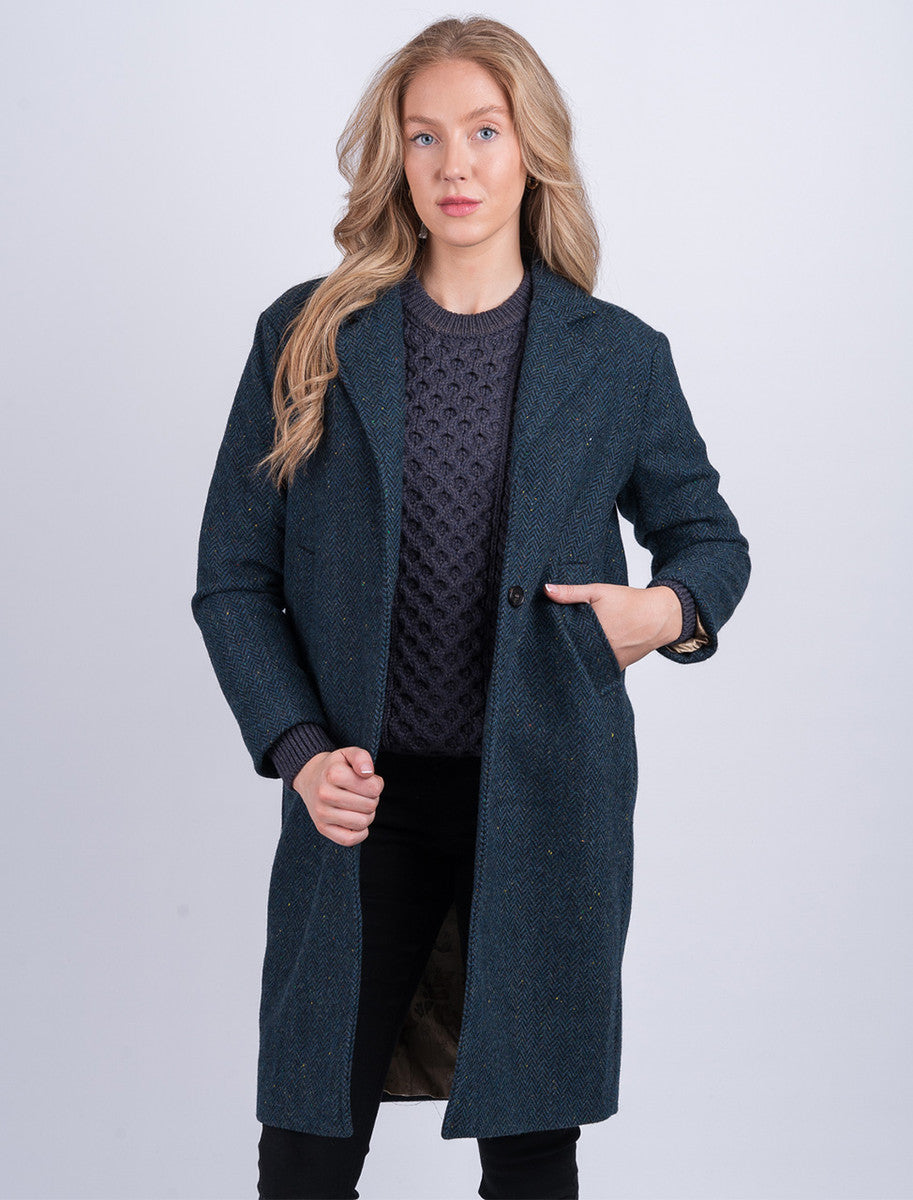 Ladies Irish Tweed City Coat - Blue Herringbone