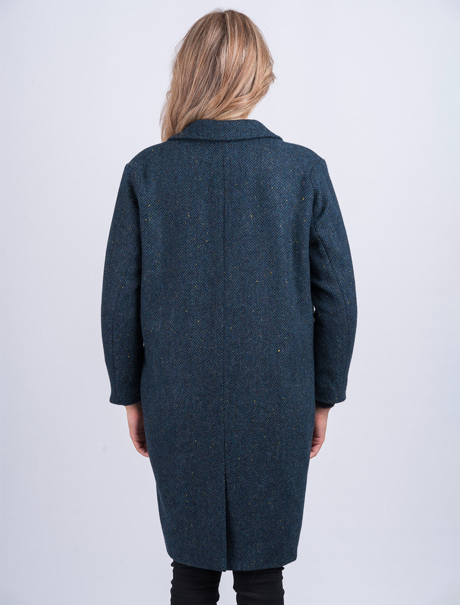 Ladies Irish Tweed City Coat - Blue Herringbone