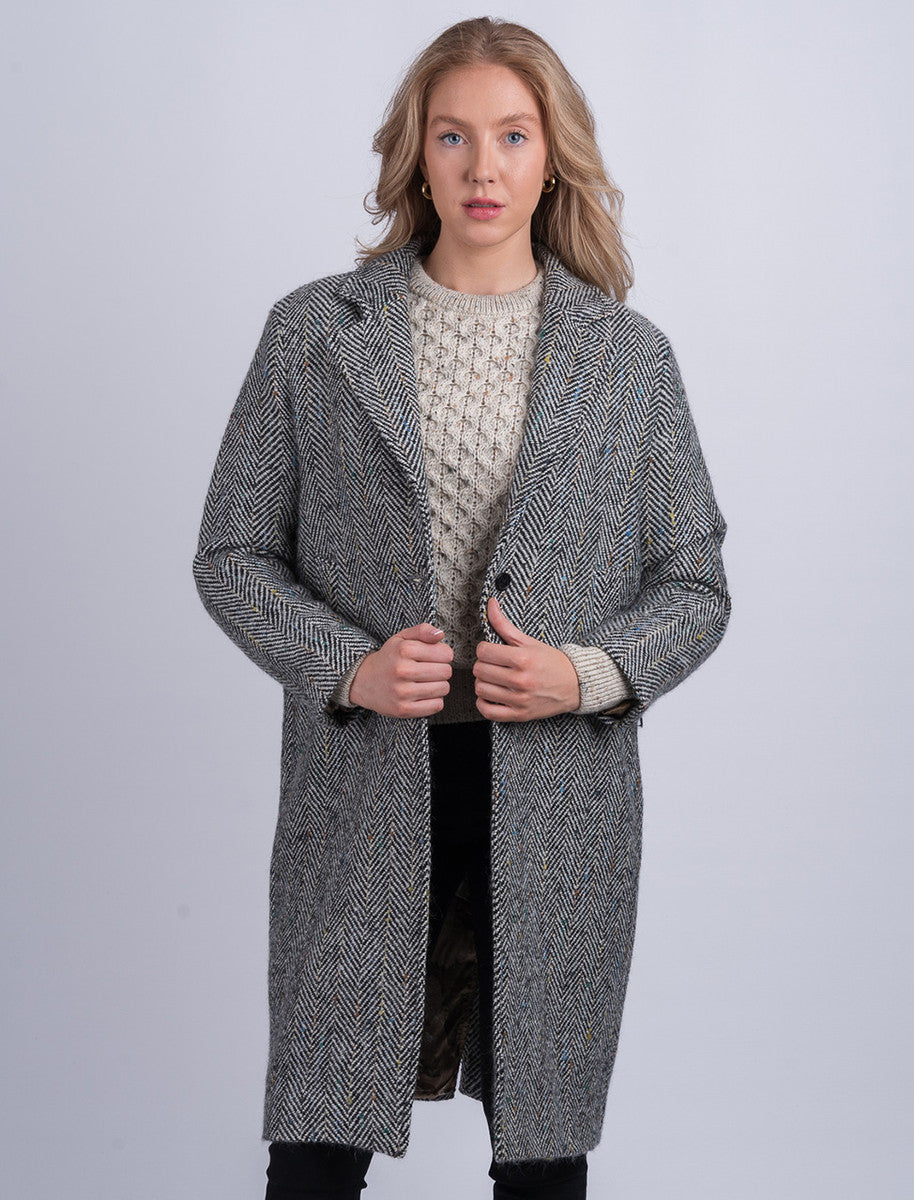 Ladies Irish Tweed City Coat - Black & Grey Herringbone