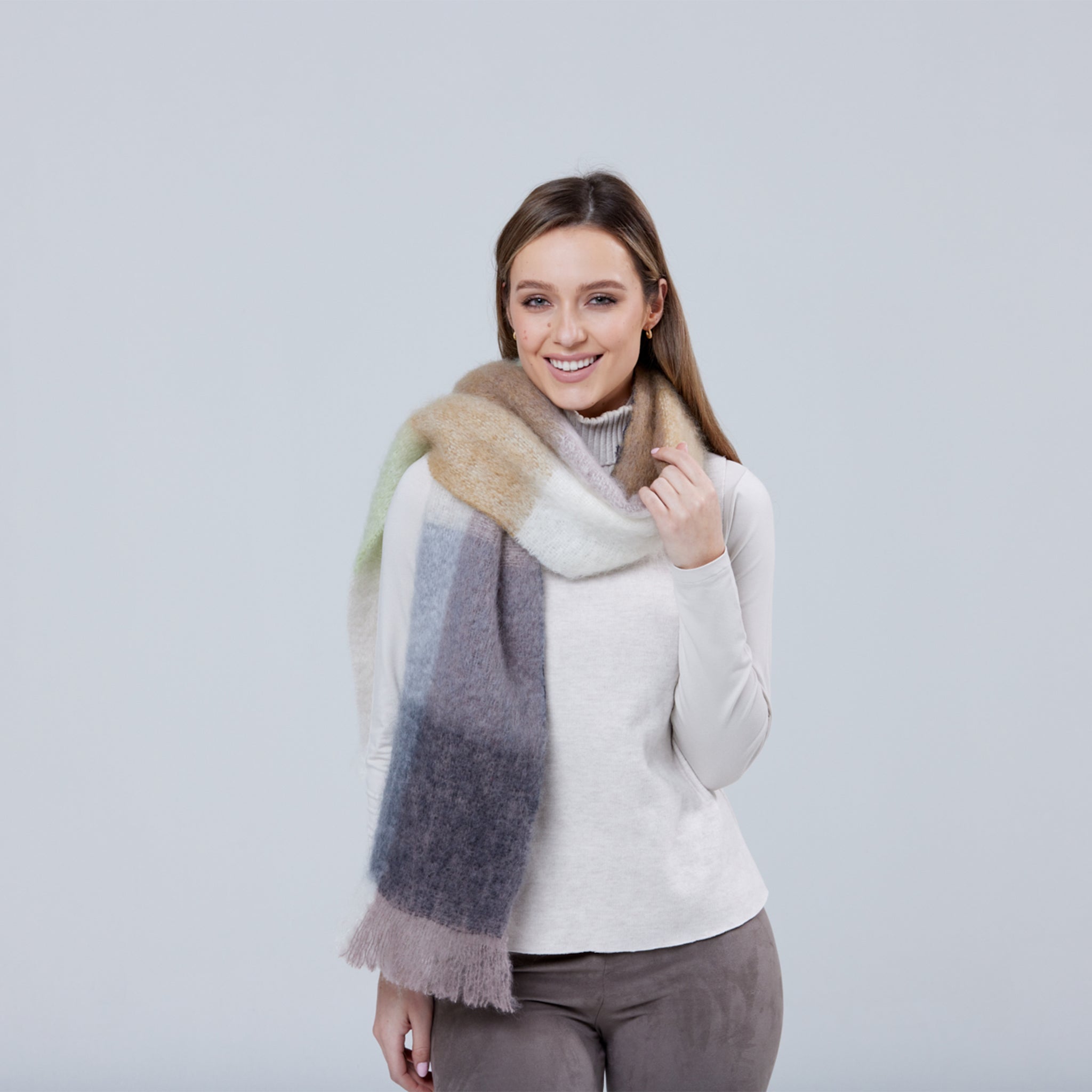 Giant Mohair Scarf - White & Mink Block