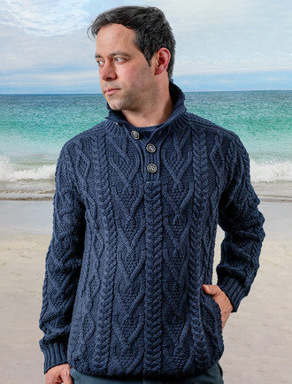 Buttoned Merino Wool Sweater - Navy