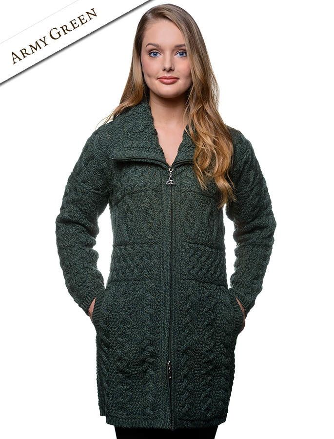 Double Collar Merino Aran Coat - Army Green