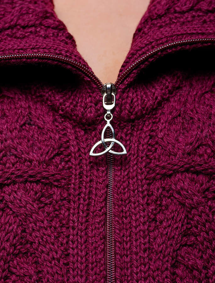 Double Collar Merino Aran Coat - close up zip