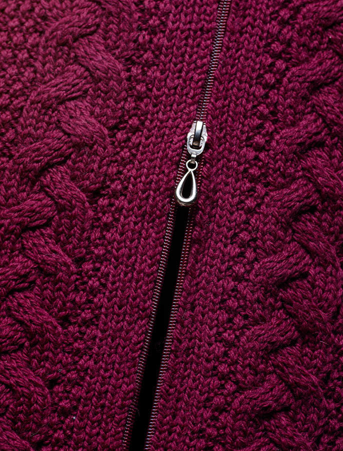 Double Collar Merino Aran Coat - close up zip
