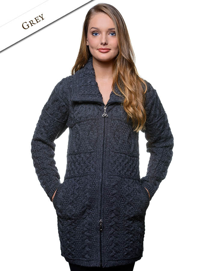 Double Collar Merino Aran Coat - Grey