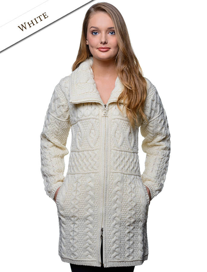 Double Collar Merino Aran Coat - Natural White
