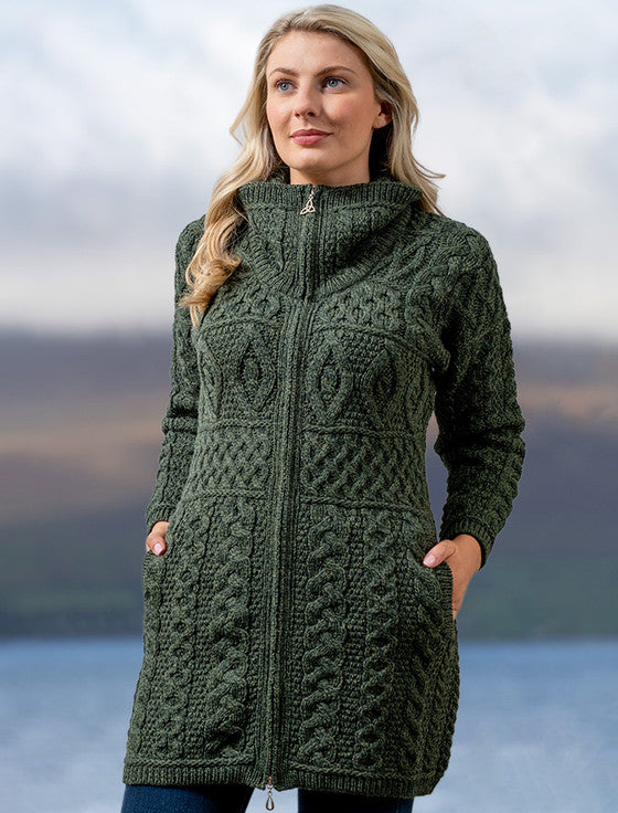 Double Collar Merino Aran Coat - wine