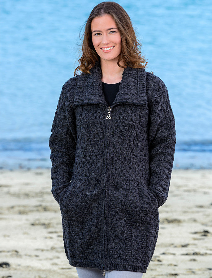 Double Collar Merino Aran Coat -  Grey