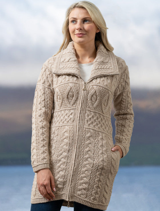 Double Collar Merino Aran Coat - wine