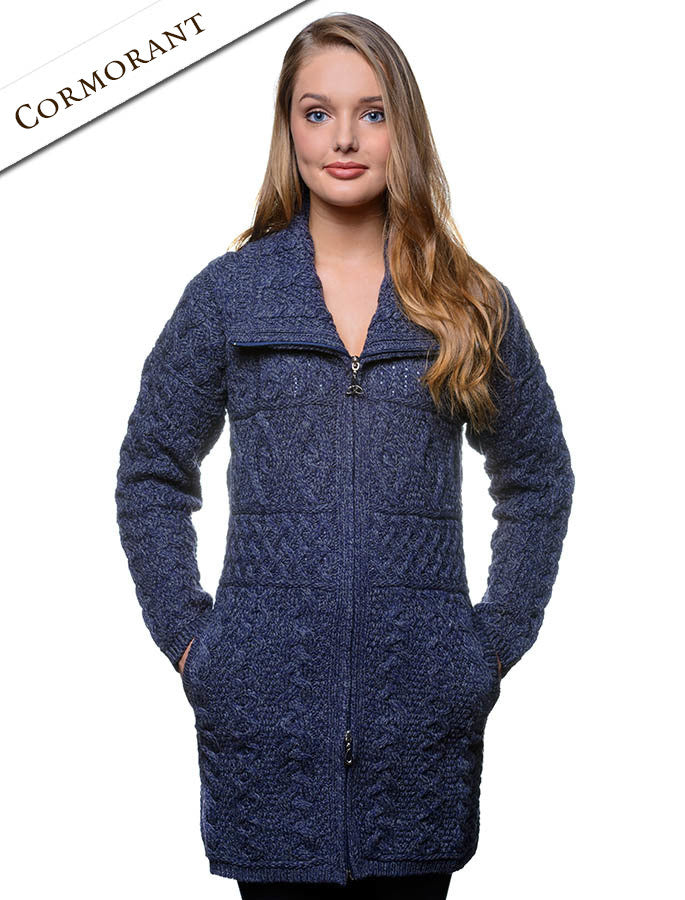 Double Collar Merino Aran Coat - Cormorant Blue