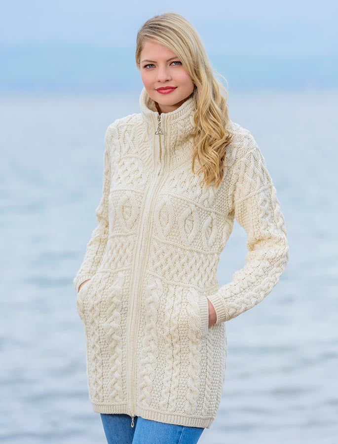 Double Collar Merino Aran Coat - Natural White
