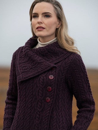 Large Collar Aran Coat - Damson
