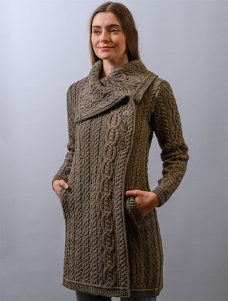Large Collar Aran Coat - Brown