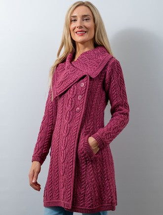 Large Collar Aran Coat - Magenta