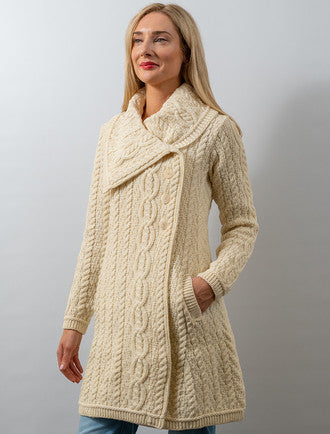 Large Collar Aran Coat - Natural White