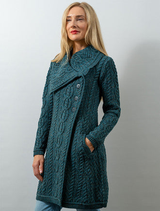 Large Collar Aran Coat - Peacock