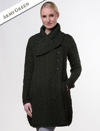 Large Collar Aran Coat - Army Green