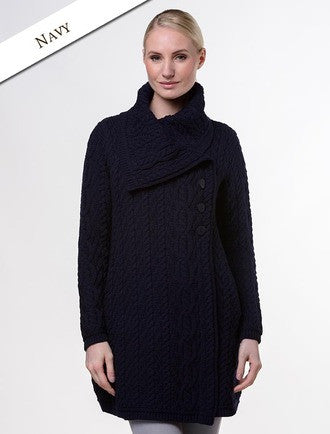 Large Collar Aran Coat - Navy