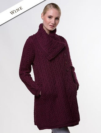 Large Collar Aran Coat - Wine