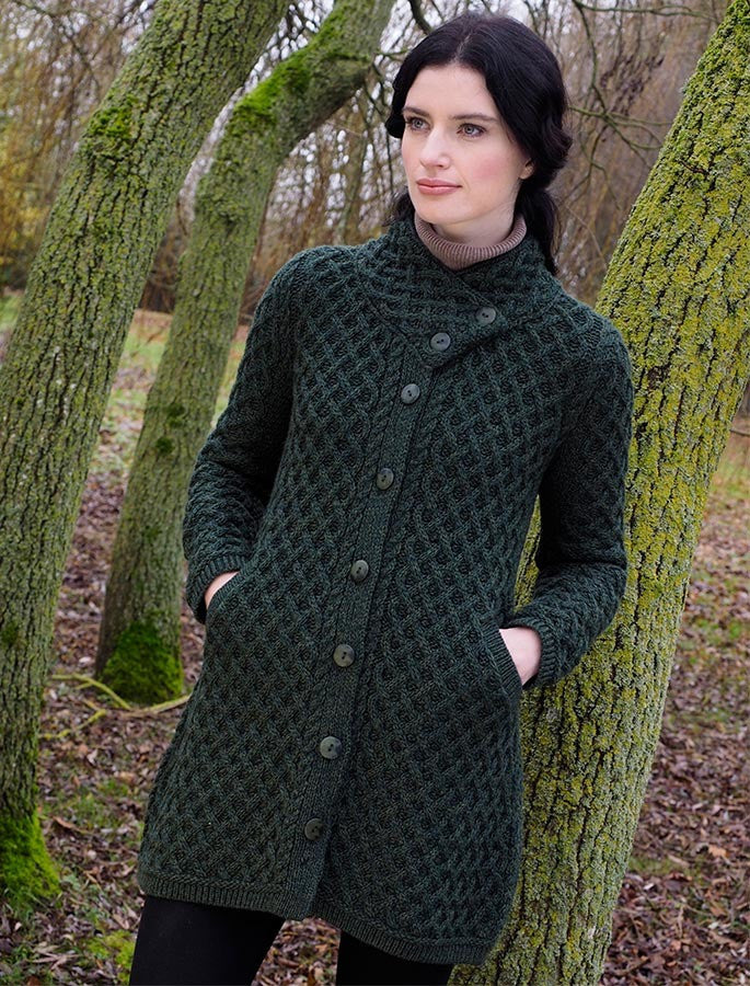 Merino Cross Over Neck Aran Coatigan - Army Green